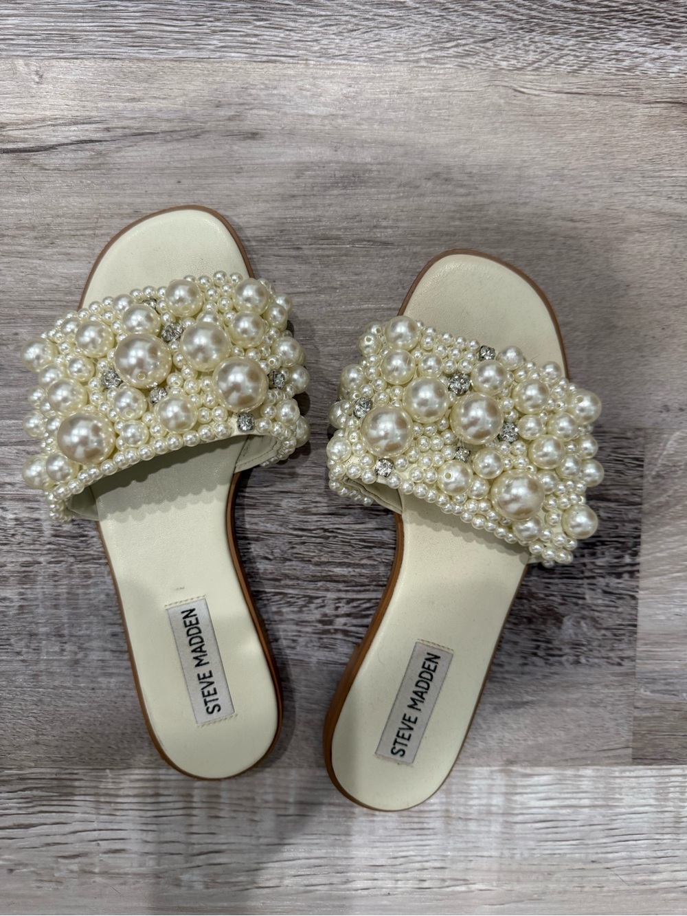 Steve Madden Cream Pearl-Embellished Slide Sandals
